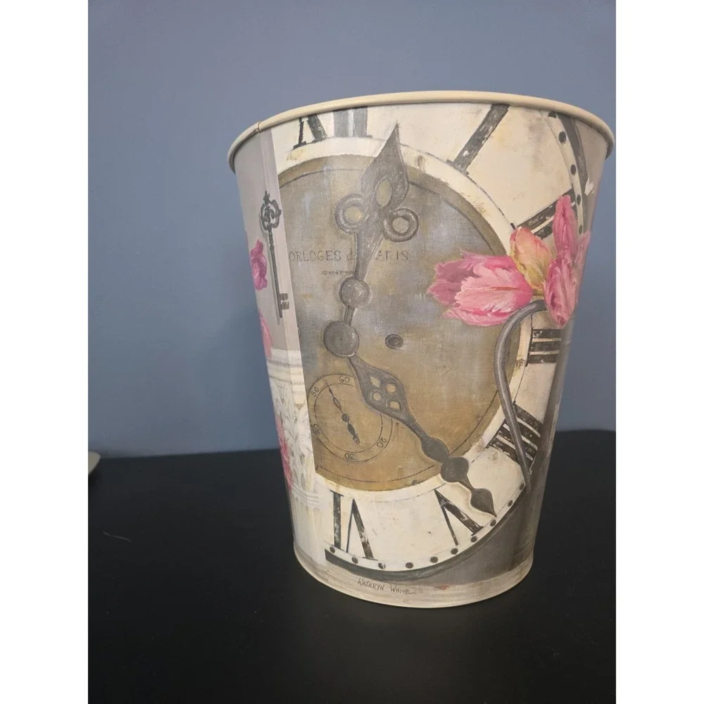 Vintage Pink Floral Wastebasket Trash Can Shabby‎ Cottage Chic